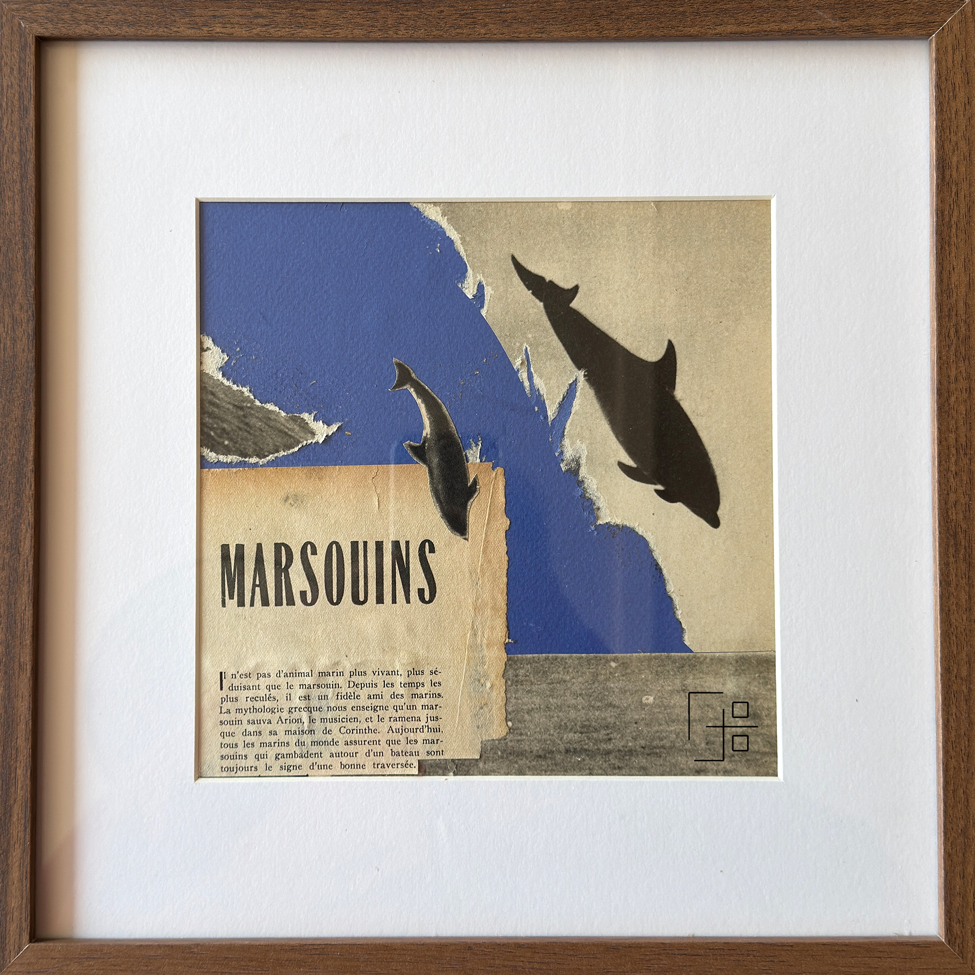 Marsouins - contemporary minimalist collage artwork made with paper fragments
